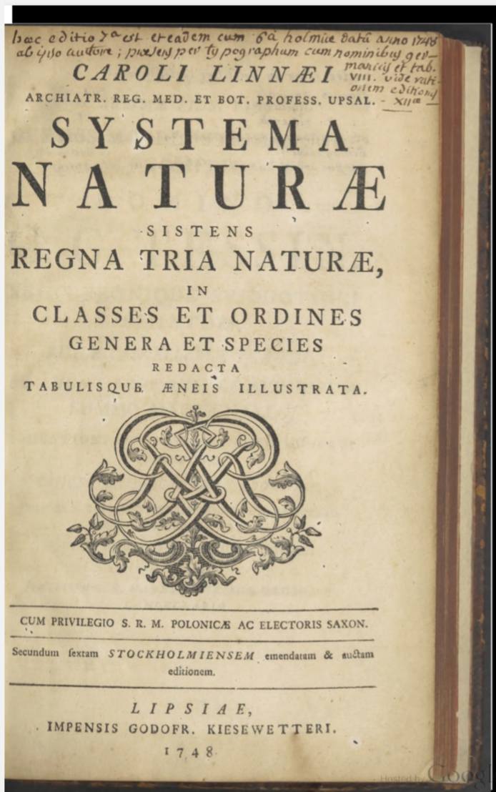 Libro Systema Naturae de Carlos Lineo